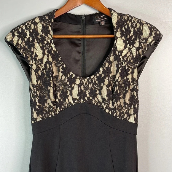 TED BAKER Briony Lace Overlay Dress Black Over Nude Structured Shoulders Size 6 - Picture 3 of 11